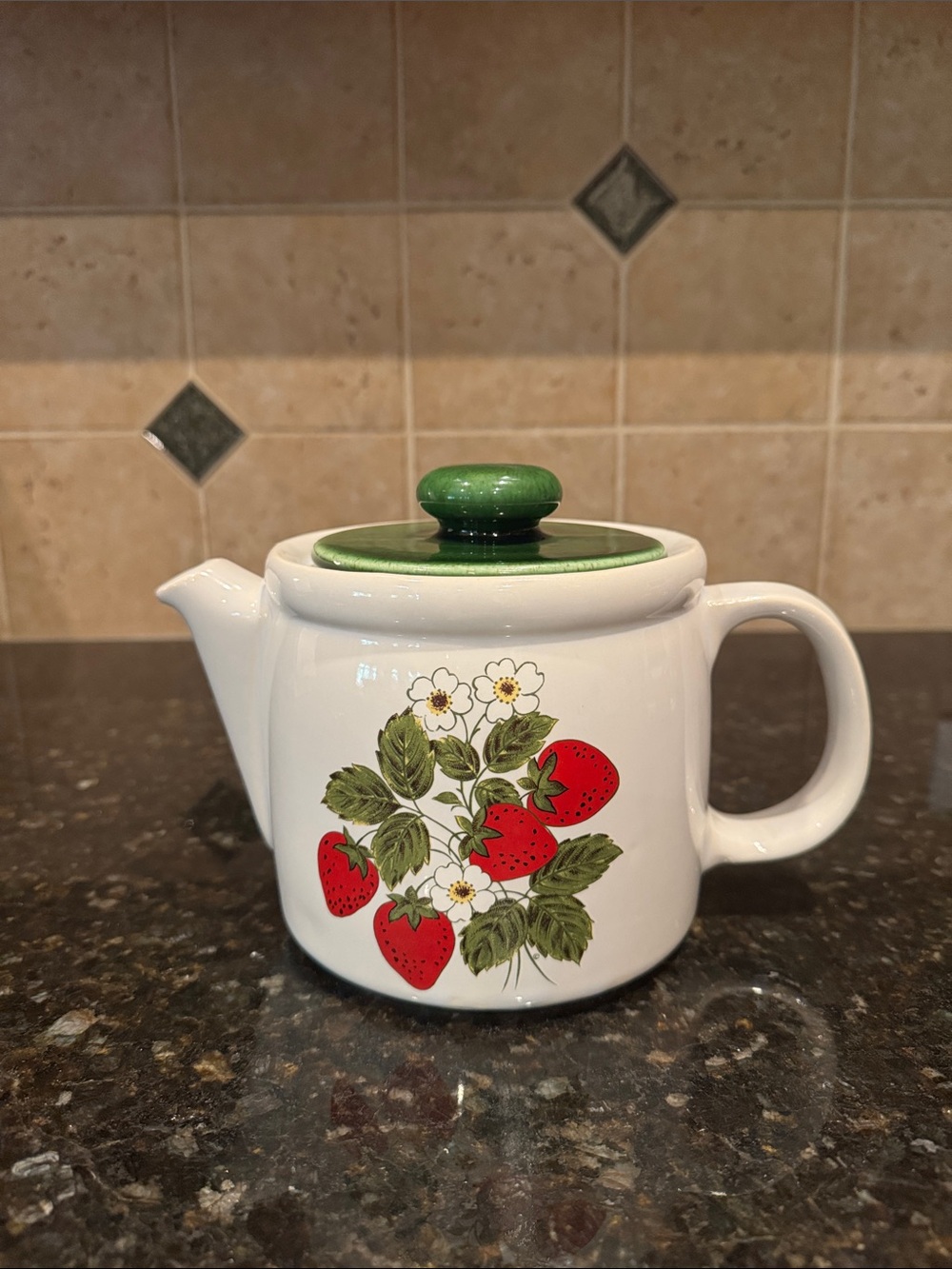 Mccoy White Ceramic Teapot with Red Strawberry Motif and Green Lid